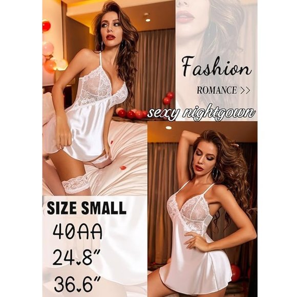 White  Lingerie V Neck Nightwear Satin Sleepwear Lace Chemise Mini Teddy - Picture 3 of 3